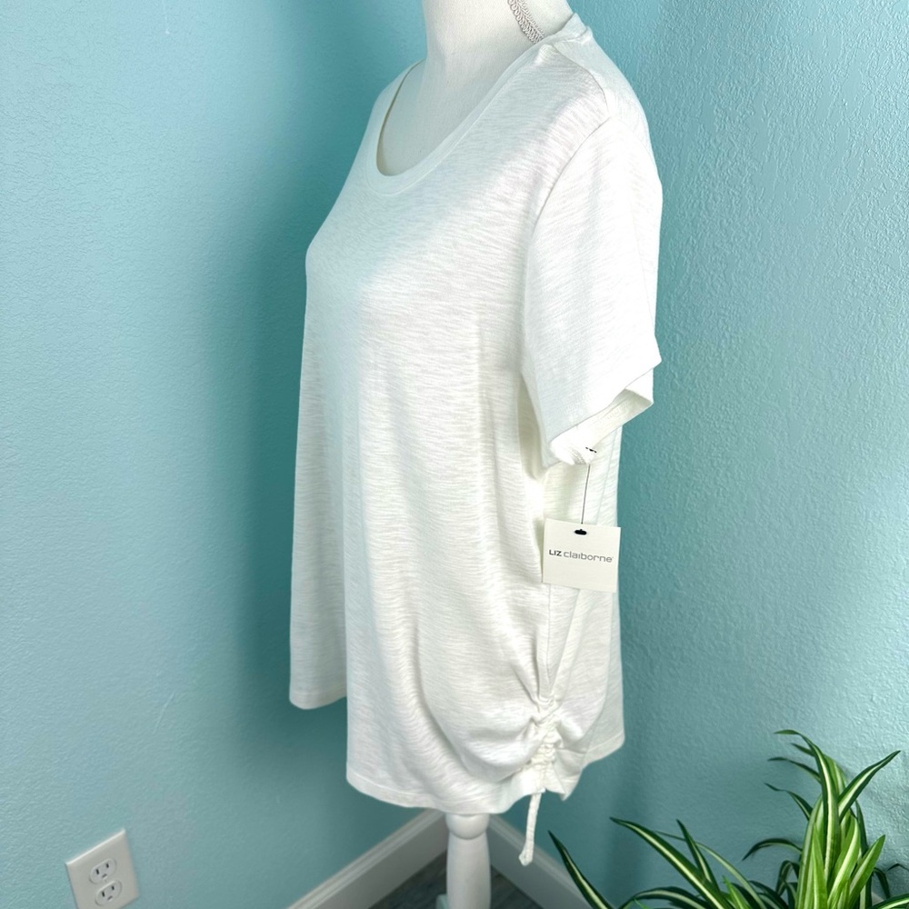 Liz Claiborne XXL White Ruched Side Top Drawstring Hem Cotton Scoop Neck NWT